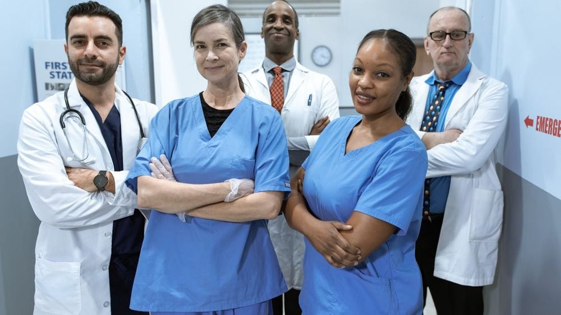 A diverse team of doctors and nurses
